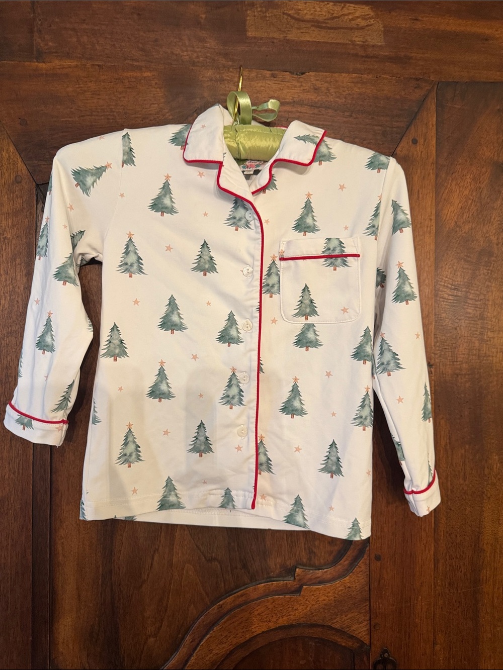 The smocking place White Christmas Tree Print Pajama Top with Red Trim